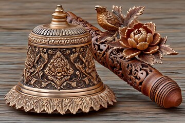 Ornate copper prayer bell display high resolution picture