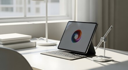 Modern workspace with tablet and keyboard on white desk by window for productivity and creative work