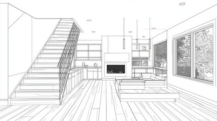 Fototapeta premium Line drawing of a modern interior design.