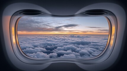 Passengers can enjoy a breathtaking view from the airplane window as the sun sets, illuminating the clouds with warm colors. The peaceful sky evokes a sense of adventure and tranquility