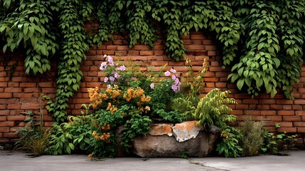 Red bricks with blooming vines high resolution picture