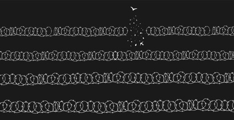 Concept of liberation, freedom, flight, breaking barriers, victory. barbed wire breaks and turns into a bird. Addiction Recovery Dispersion black and white effect.	