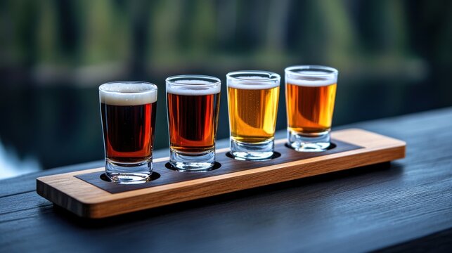 A wooden flight holder displays four different craft beers, showcasing a variety of colors and styles, set against a serene lakeside backdrop at dusk