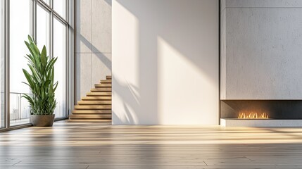 Obraz premium Modern interior design with wooden stairs and a gas fireplace.