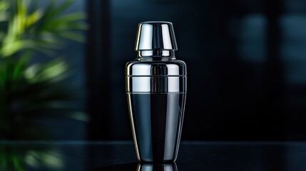 A sleek silver cocktail shaker stands upright on a polished surface, reflecting its surroundings. Behind it, dark tones and hints of greenery create a sophisticated atmosphere