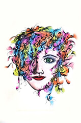 Drawing of a woman with magical hair filled with bright colors and designs