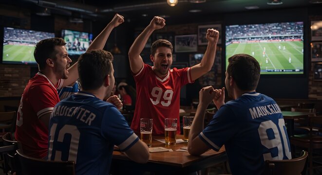 Excited Football Fans Watching Match at Sports Bar