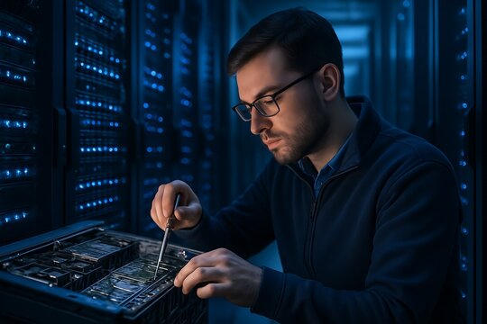 Technician Fixing Server Rack