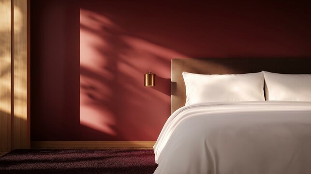 Modern bedroom with a large bed in the center. the bed has a white comforter and two white pillows. the walls are painted in a deep red color and there is a wooden door on the left side of the image.