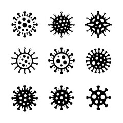 Set of nine black coronavirus icons with various spike protein shapes, displayed in a grid on a white background. The simple vector design represents virus structure, infection, and pandemic awareness