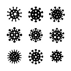 Set of nine black coronavirus icons with various spike protein shapes, displayed in a grid on a white background. The simple vector design represents virus structure, infection, and pandemic awareness