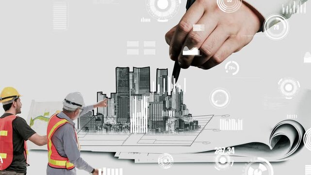 City civil planning and inventive real estate development . Architect people looking at abstract city sketch drawing to design creative future city building. Architecture dream and ambition concept.