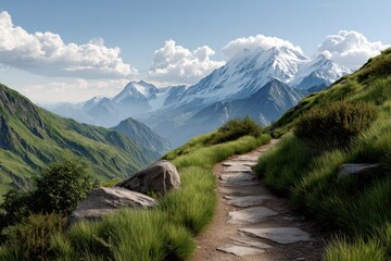 Serene mountain trail leading to majestic snow capped peaks under a partly cloudy sky