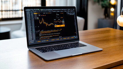 A laptop sits on a wooden desk showcasing intricate financial charts and data analysis in a bright office environment. Natural light filters through large windows