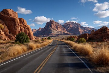 Scenic desert highway winding through red rock formations under a bright blue sky