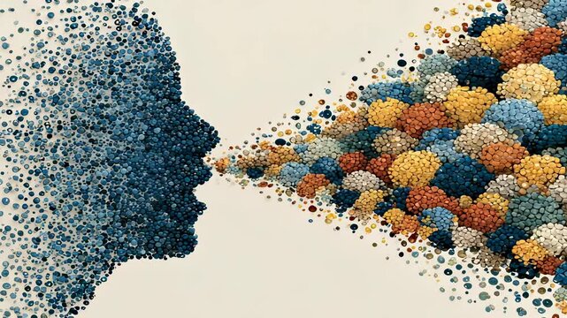 Abstract Illustration of Communication, Speech, and Expression: A Profile Silhouette Speaking with Colorful Bubbles on a Cream Colored Background