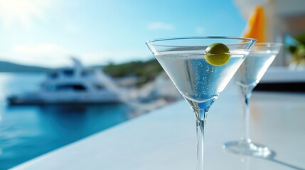 Two cocktails sit on a bar overlooking a beautiful seaside view. The sun shines brightly in the background, highlighting a luxurious yacht nearby