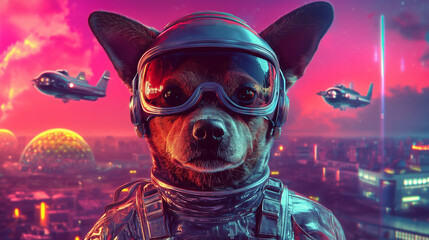 Retro-Futuristic 1960s-Style Dog in a Space-Age Future City