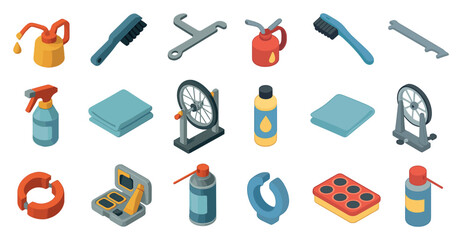 Bicycle repair tools icons set – isometric, bike maintenance, cycling equipment