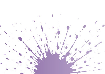 Purple paint splash on a white background, radiating outward with varying sizes of droplets and speckles.