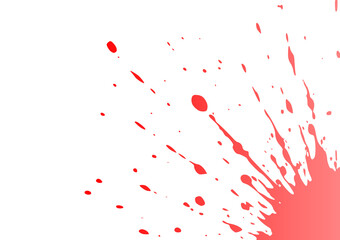 Bright red paint splatter on a white background, radiating outward with varying sizes of droplets and a bold central explosion.