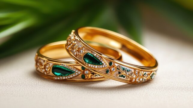 Two beautifully crafted gold bangles featuring emerald green stones and detailed embellishments rest on a soft beige surface, illuminated by natural light