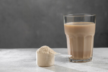 Protein shake. Chocolate flavored protein powder, dietary supplement.