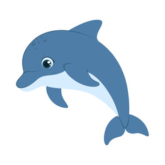 Cute dolphin in blue tones, perfect for kids' books, educational materials, nursery decor, and ocean-themed designs. Vector illustration on a white background.