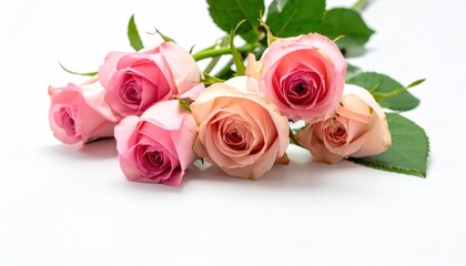 Delicate bouquet of light pink roses on white background