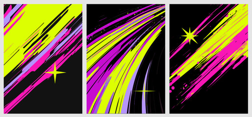 Vector illustration in modern Y2K and synthwave style with neon yellow, pink, purple, and black. Features abstract dynamic brush strokes and star shapes. Bold, energetic, and trendy geometric forms.