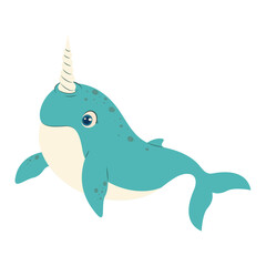 Cute narwhal illustration. Arctic sea animal with a spiral tusk. Perfect for kids designs, education, and marine-themed projects. © Kateryna