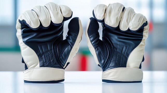 A pair of black and white fighting gloves rests on a table in a training facility. The gloves appear well-used, indicating regular practice