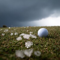 A golf ball rests in the lower right corner of a picture. Next to it, a piece of hail is almost touching it. The grass is green, but the sky looks stormy. 