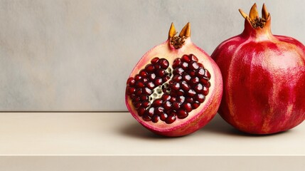 Two bright pomegranates, one cut in half revealing juicy red seeds, sit elegantly on a neutral-colored countertop in a modern kitchen, showcasing their natural beauty