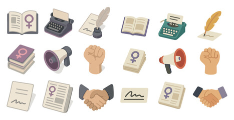 Feminism and activism isometric icons set - 3d, empowerment, equality symbols