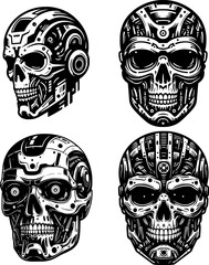 set of black and white cyborg skull vector with clean lines and bold contrast, ideal for tattoos.