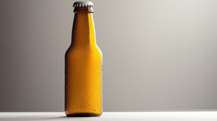 An amber glass bottle filled with craft beer stands on a white surface, adorned with condensation droplets that catch the light, suggesting refreshment and quality