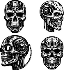 set of black and white cyborg skull vector with clean lines and bold contrast, ideal for tattoos.
