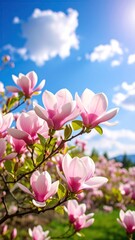 Obraz premium Pink Magnolia Blossoms with Sunny Sky.