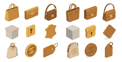 Naklejka na ściany i meble Fashion accessories isometric icons set – 3d, bags, purses and luxury items
