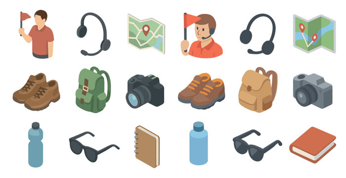 Travel and tourism isometric icons set &ndash; 3d, map, vacation and trip symbols
