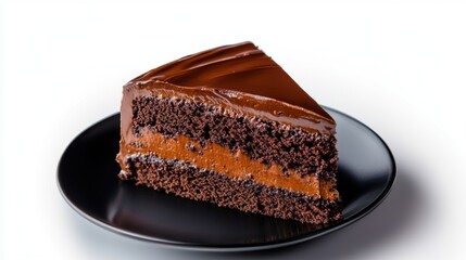 A rich slice of chocolate cake sits on a sleek black plate, showcasing layers of moist chocolate sponge and creamy frosting, perfect for any dessert lover