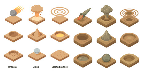 Asteroid impact isometric icons set – meteor, crater formation, space exploration