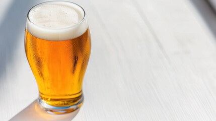 A glass filled with golden beer showcases a frothy white head while resting on a bright surface. The warm sunlight enhances the vibrant colors, suggesting a perfect moment for relaxation