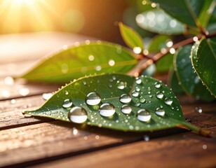 Dew-kissed leaves on a wooden surface, bathed in sunlight