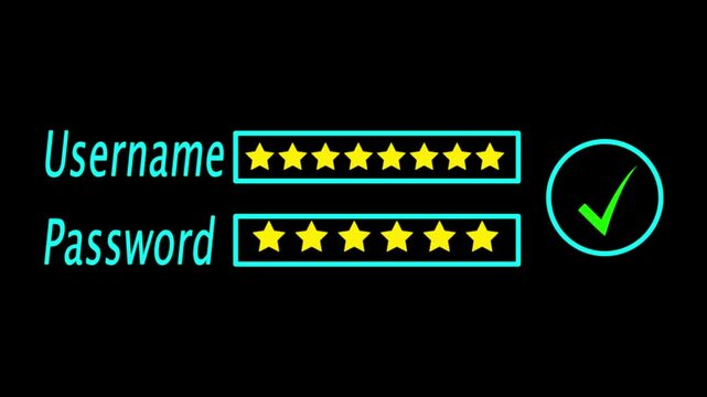 Animation process of entering username and password with access denied screen and check mark on black background.