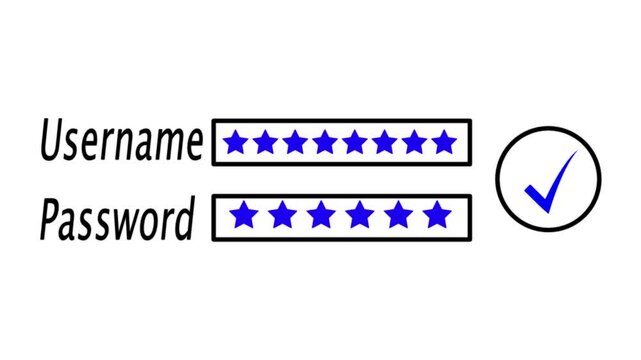 Animation process of entering username and password with access denied screen and check mark on black background.