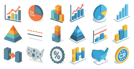 Business and finance icons set in isometric style – charts, graphs, analytics tools