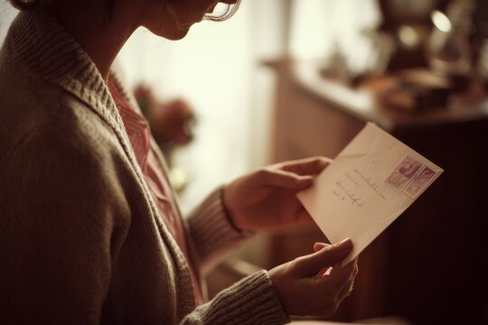 A woman experiences a heartfelt moment as she receives a love letter from her partner. The vintage stationery reflects intimacy in a warm, softly lit setting
