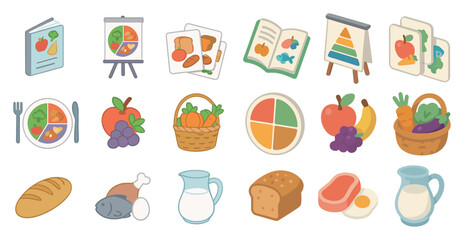 Nutrition and diet flat icons set – food, health, wellness symbols for planning